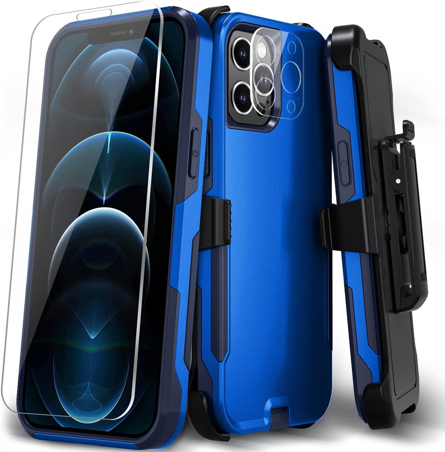 Xmon for Iphone 12 Pro Max Phone Case, [Shockproof] [Belt Clip Kickstand] [Tempered Glass Screen Protector with Camera Lens Protector] Heavy Duty Cover for Iphone 12 Pro Max 6.7 Inch (Blue)  Xmon   