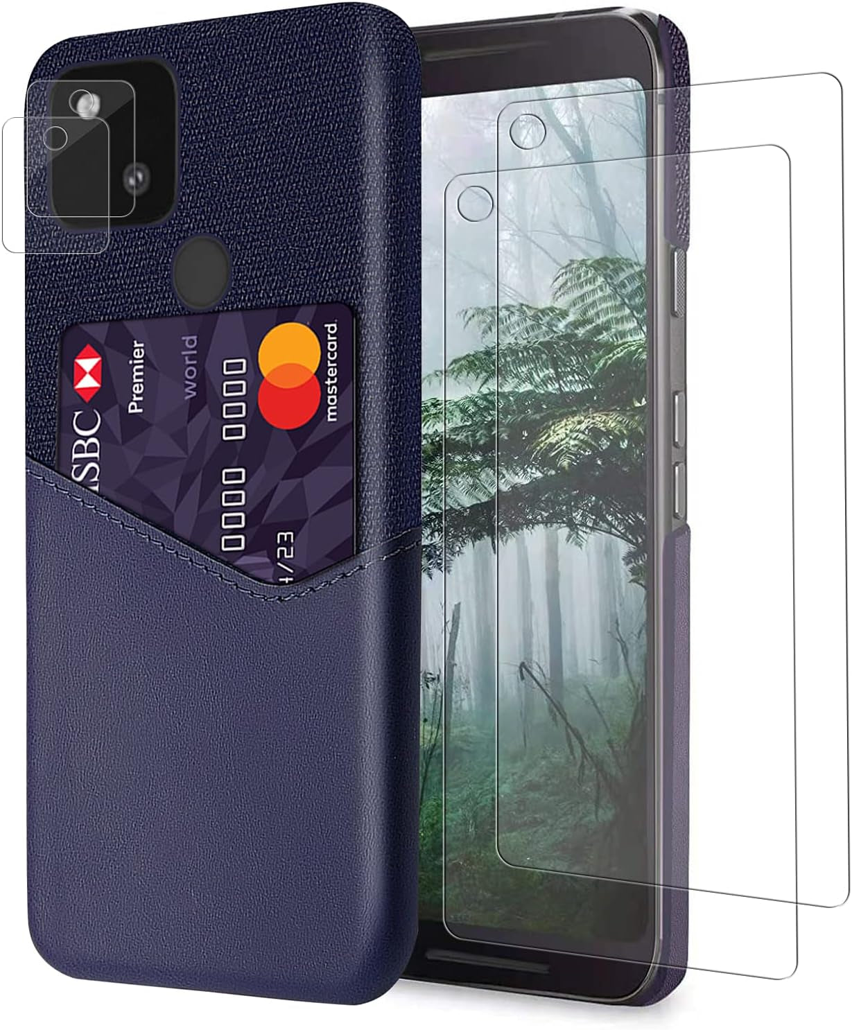 Yunbao for Pixel 4A 5G Case & Camera Lens Protector for Google Pixel 4A 5G(2020 Release),Splicing Cloth Pattern Premium Leather Case with Card Slot (Blue)  Yunbao   