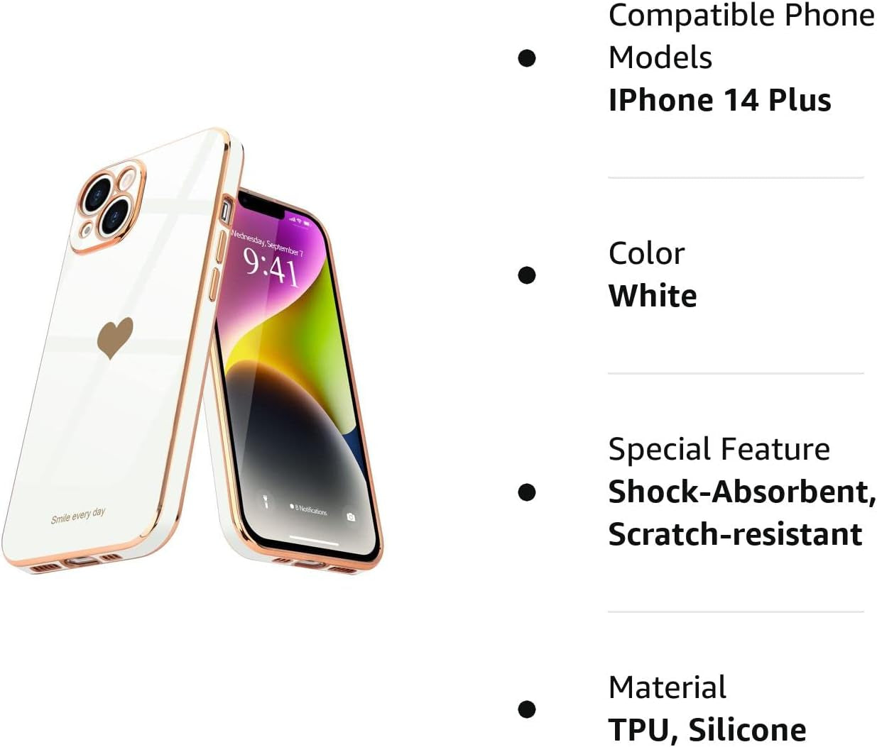 Teageo for Iphone 14 plus Case for Women Girl Cute Love Heart Luxury Plating Soft Bling Back Cover Raised Full Camera Protection Bumper Silicone Shockproof Phone Case for Iphone 14 Plus, White  janzee   