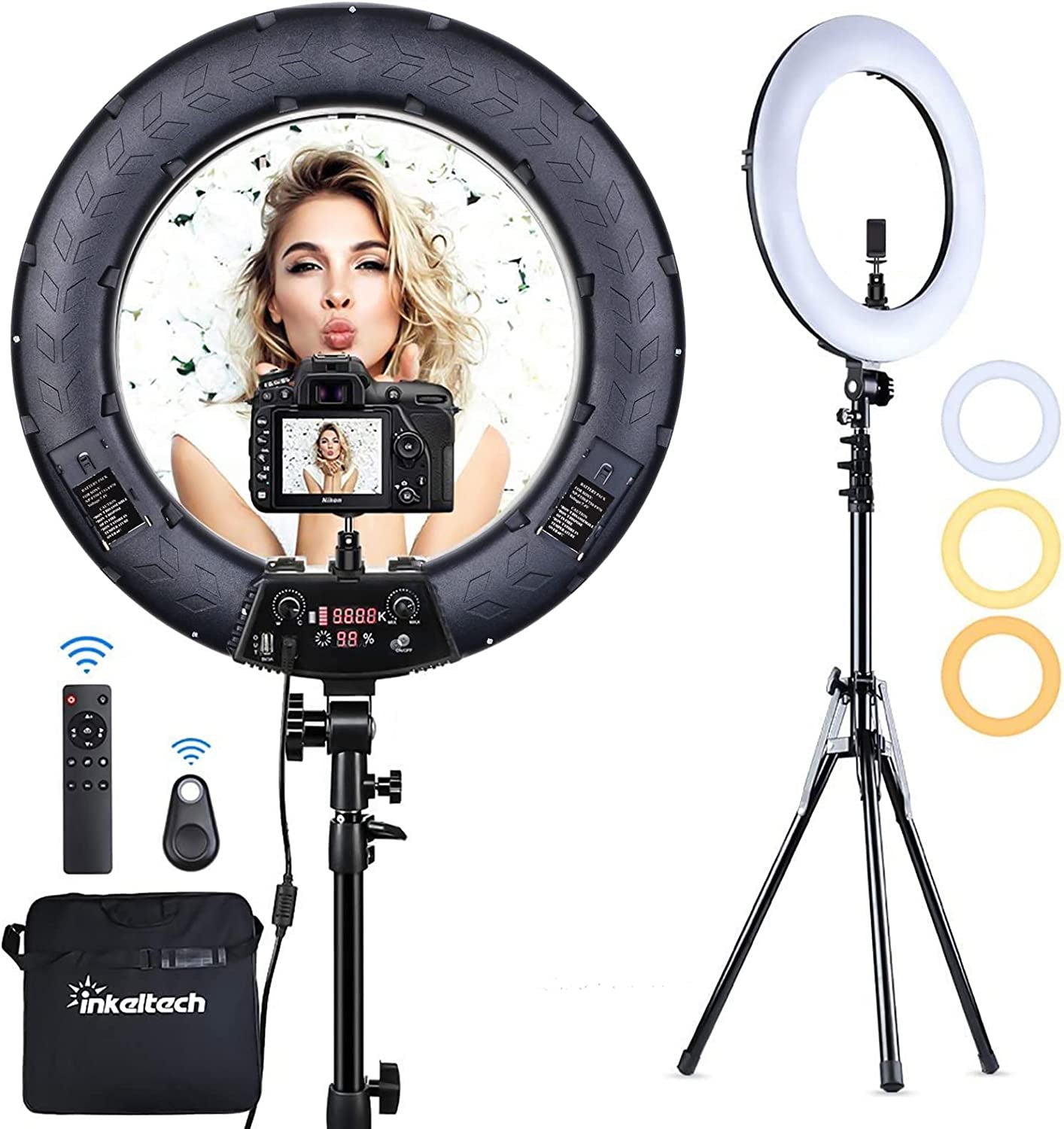 Inkeltech Ring Light - 18 Inch 3000K-6000K Dimmable Bi-Color Light Ring, 60W LED Ring Light with Stand, Lighting Kit for Vlog, Selfie, Makeup, Youtube, Camera, Phone - LCD Screen & Remote Control  INKELTECH   