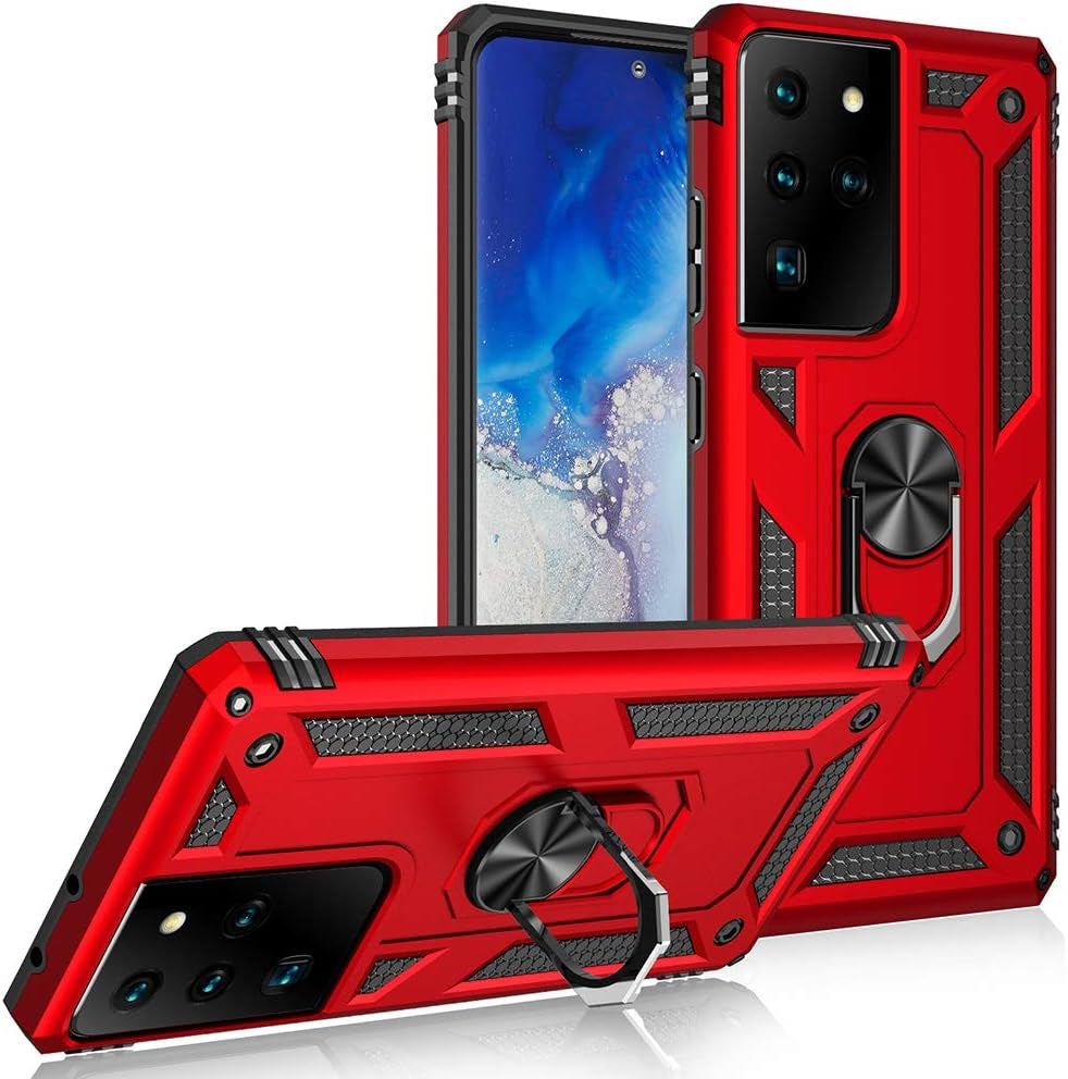 Military Grade Drop Impact for Samsung Galaxy S21 Ultra Case Galaxy S21 Ultra 5G Case 360 Metal Rotating Ring Kickstand Holder Armor Heavy Duty Shockproof Case for Galaxy S21 Ultra Phone Case (Red)  Dionsibei   