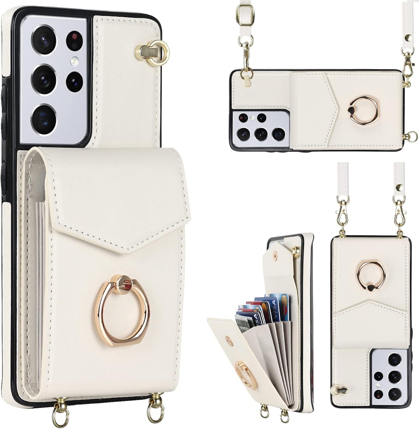 YYTVN for Samsung Galaxy S21 plus Case 5G 6.7 Inch, Minimalist Wallet Case with Ring Kickstand and Shoulder Strap, Shockproof Stylish Protective Cover for Galaxy S21 plus -Red  YYKeji White Galaxy S21 Ultra 