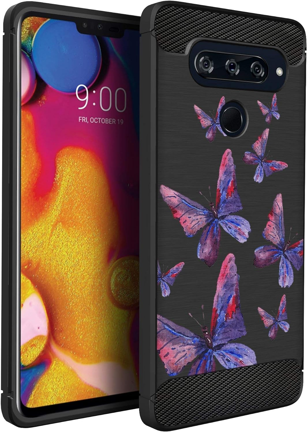 Casesondeck Case Compatible with [LG V40 Thinq] Tribal Floral Matte TPU Flexible Carbon Fiber Textured (Dreamcatcher)  CasesonDeck Purple Butterfly  