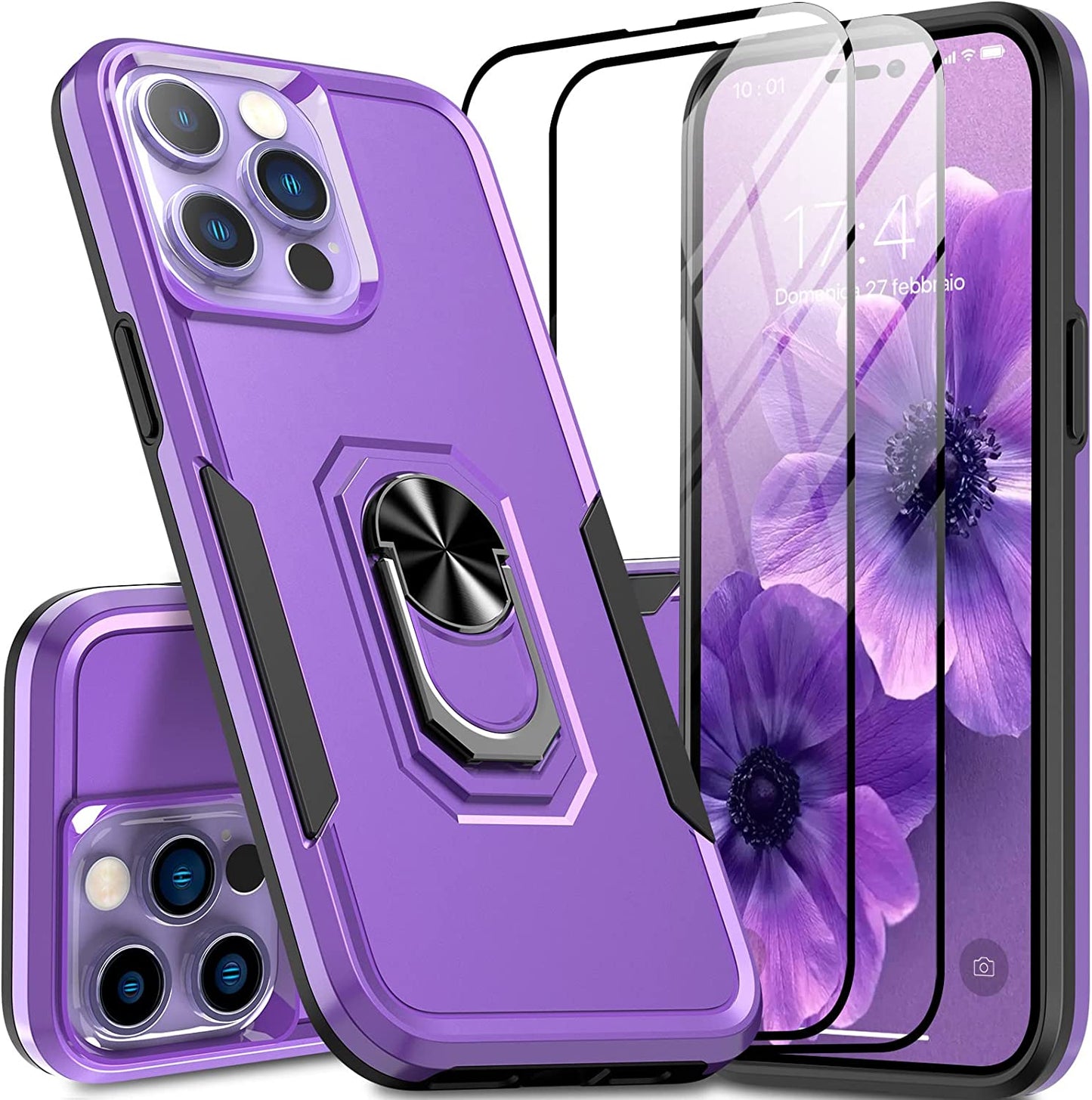 Oterkin for Iphone 14 Pro Case,Iphone 14 Pro Phone Case with [360°Rotatable Stand Ring][2Pcs 9H HD Tempered Glass Screen Protector][10Ft Military Grade Shockproof] Case for Iphone 14 Pro (Blue)  Oterkin Purple Iphone 14 Pro Max 