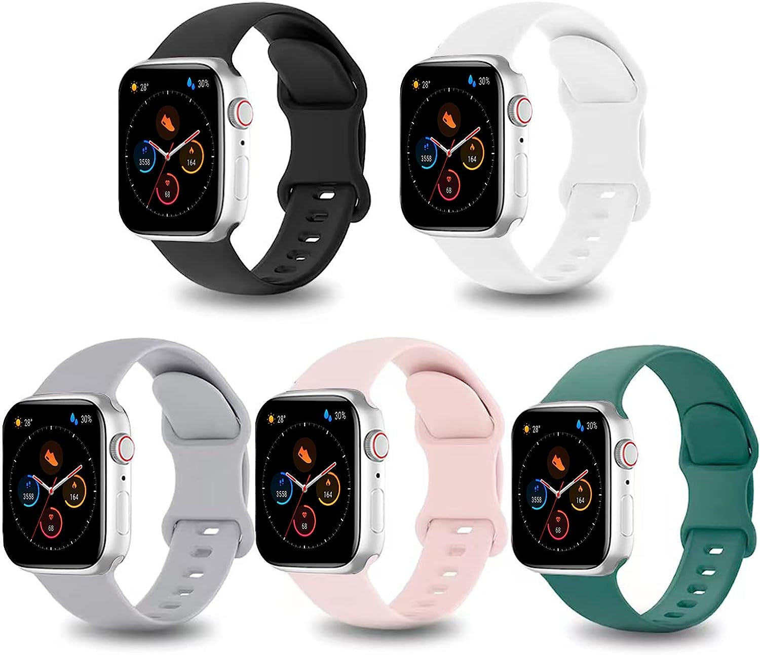 5 Pack Silicone Watch Band Compatible with Apple Watch Band 49Mm 45Mm 44Mm 42Mm 41Mm 40Mm 38Mm for Women Men,Smartwatch Bands for Iwatch Ultra SE2 SE Series 8 7 6 5 4 3 2 1  PZAZT Black/White/Cloud-grey/Sand-powder/Cactus 38MM/40MM/41MM 