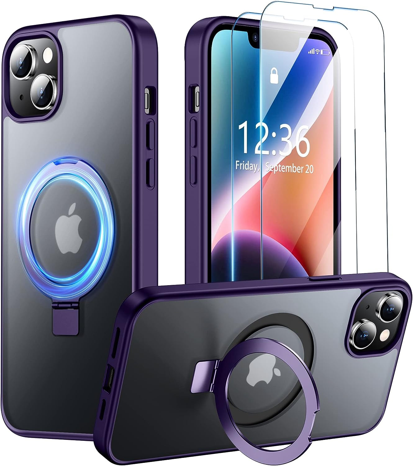 SPIDERCASE for Iphone 14 plus Case with Magnetic Invisible Stand,[Compatible for Magsafe][Military Grade Shockproof][2 Pack Tempered Glass Screen Protector] Translucent Matte Phone Case, Black  SPIDERCASE Purple Iphone 14 Plus 
