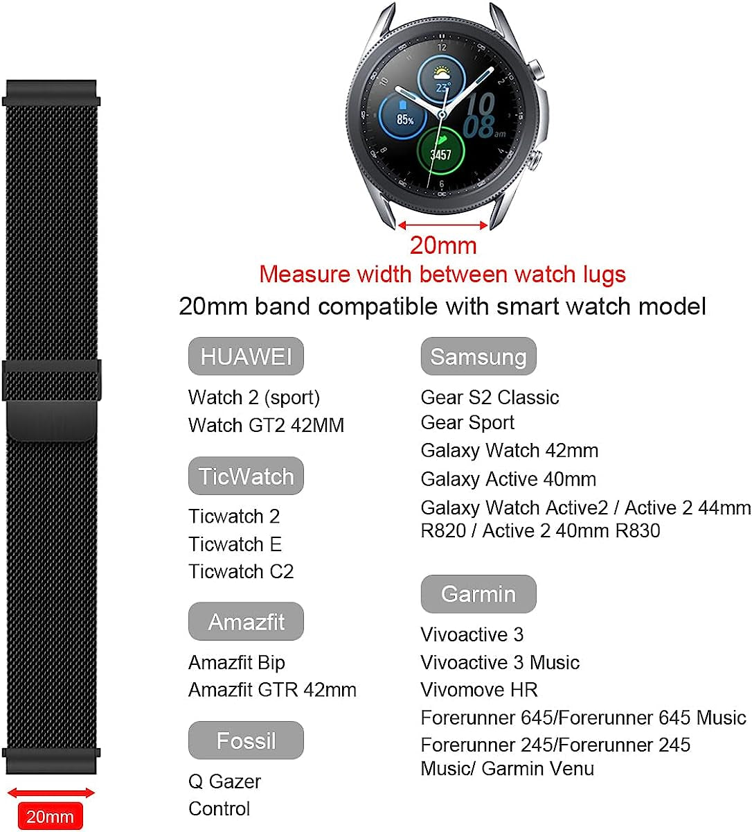 Mrotech Bands Compatible with Samsung Galaxy Watch 4 40Mm 44Mm/4 Classic 46Mm 42Mm/Active/Active2/3 41Mm Band 20Mm Quick Release Strap Metal Stainless Steel Wristband Magnetic Milanese Mesh Loops  MroTech   