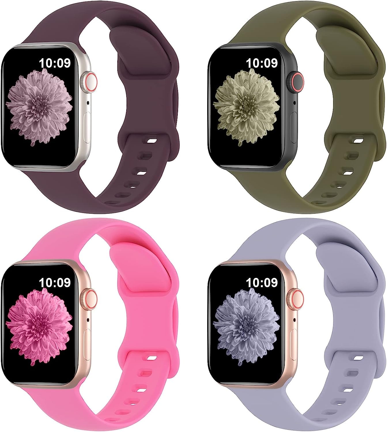 Arctime 4 Pack Silicone Bands Compatible with Apple Watch Band 38Mm 40Mm 41Mm 42Mm 44Mm 45Mm 49Mm, Soft Sport Breathable Strap Replacement Wristbands for Iwatch Ultra Series 8 SE 7 6 5 4 3 2 1  Arctime Dark Cherry/Olive Green/Hot Pink/Lavender Gray 38/40/41mm 