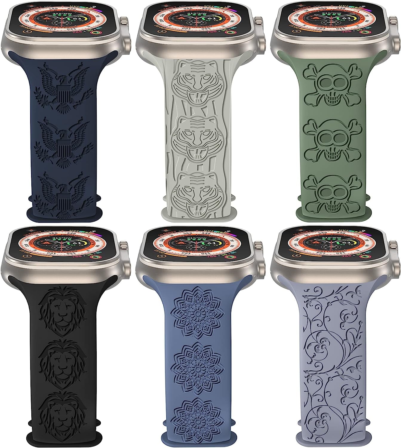 6 Pack Engraved Sport Bands Compatible with Apple Watch Band 38Mm 40Mm 41Mm 42Mm 44Mm 45Mm 49Mm for Women Men, Designer Colorful Soft Silicone Strap for Iwatch Bands Ultra/Se Series 8/7/6/5/4/3/2/1  Wewatri Color Combination - C 38mm/40mm/41mm 