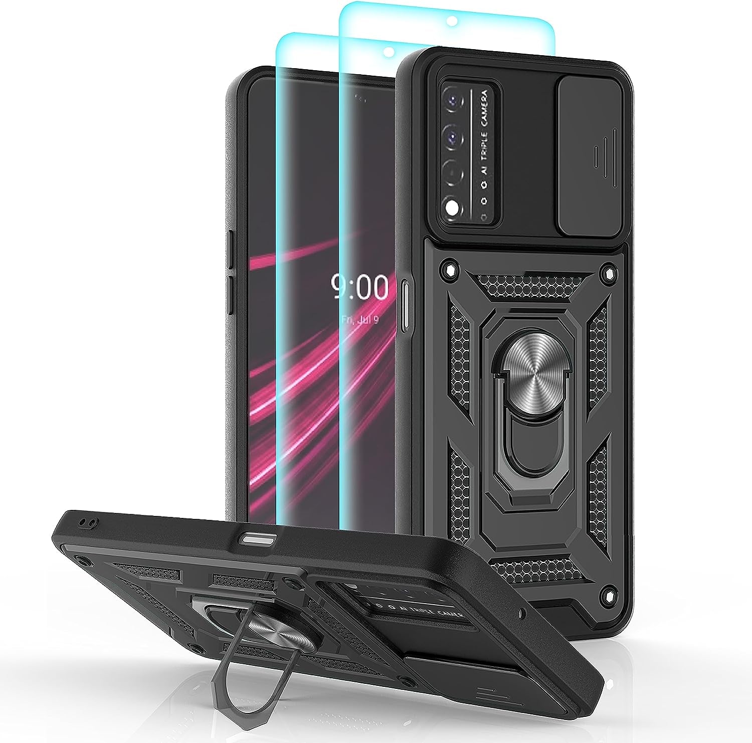 Ymhxcy for T-Mobile Revvl V plus 5G Case with Slide Camera Cover and [2 Pack] HD Screen Protector, Heavy Duty Shockproof Protective Case with Magnetic Metal Stand for Revvl V plus 5G-SJ Rose Gold  YmhxcY Sj-Black  