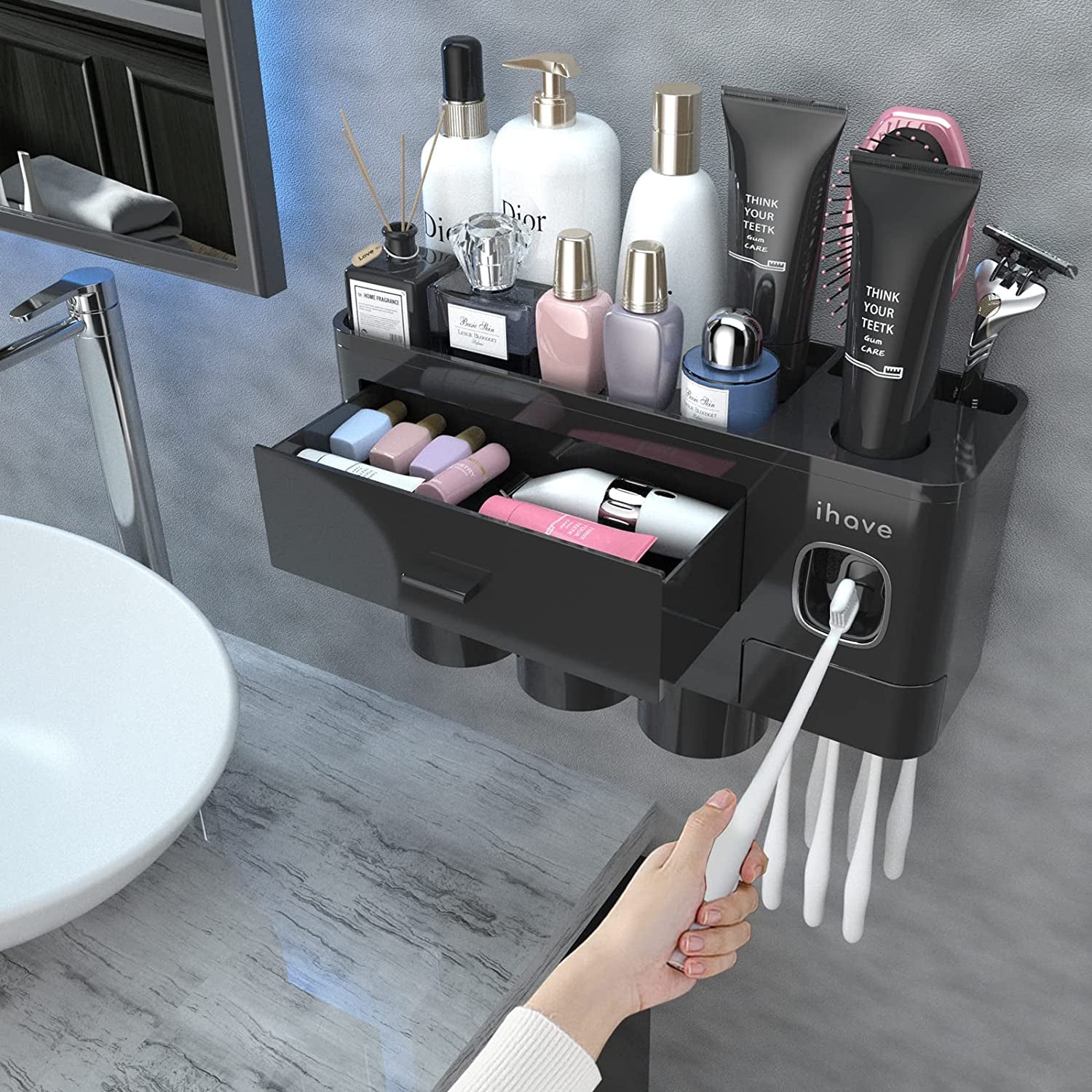 Ihave Toothbrush Holders for Bathrooms, 2 Cups Toothbrush Holder Wall Mounted with Toothpaste Dispenser - Large Capacity Tray, Cosmetic Drawer - Bathroom Decor & Bathroom Accessories  ihave Black 3 Cup  