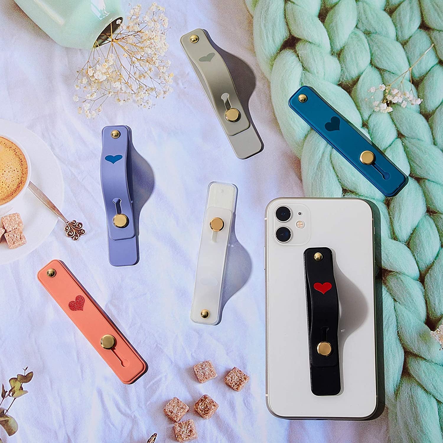 6 Pieces Phone Finger Grip Portable Telescopic Finger Strap Bracket Silicone Mobile Phone Ring Stand Phone Grip Finger Strap for Most Mobile Phones (Orange, Blue, Purple, Black, White, Gray)  Weewooday   