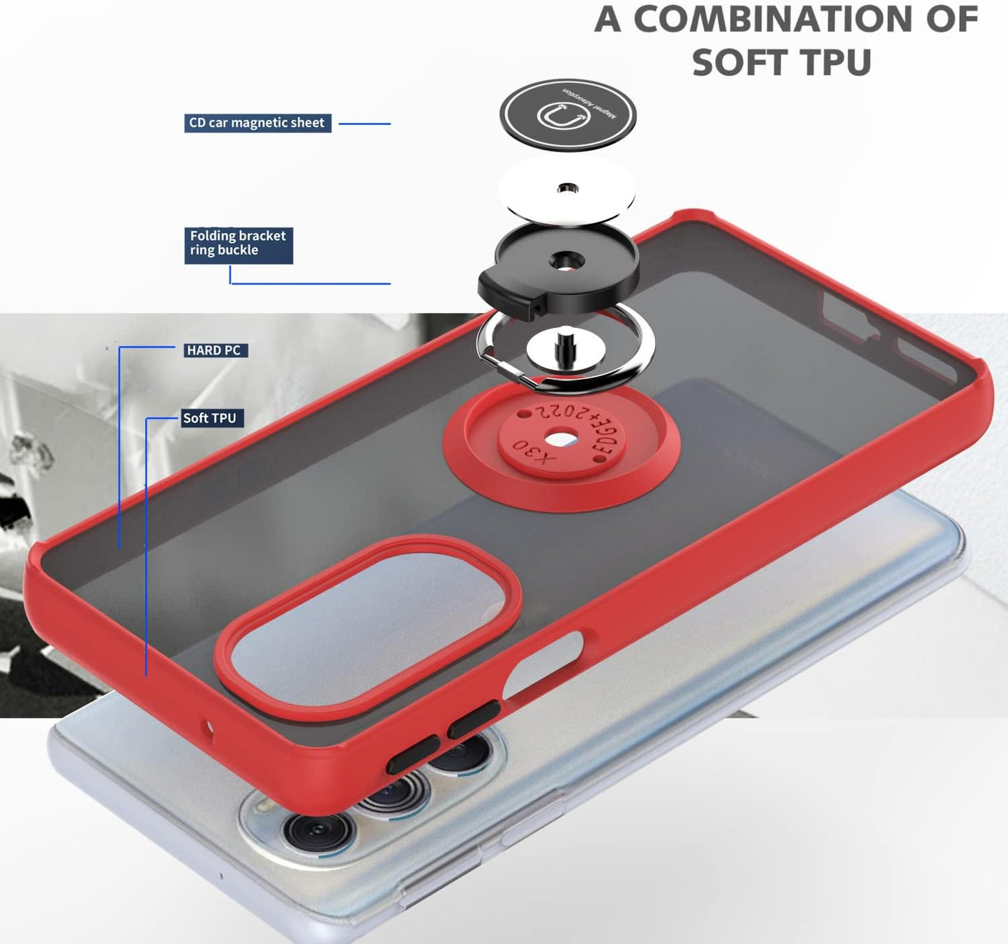 TJS for Motorola Moto Edge plus 2022 / Moto Edge+ 5G UW 2022 / XT2201 / Edge 30 Pro Case with Tempered Glass Screen Protector Metal Ring Kickstand Magnetic Support Protection Phone Case (Light Blue)  TJS   