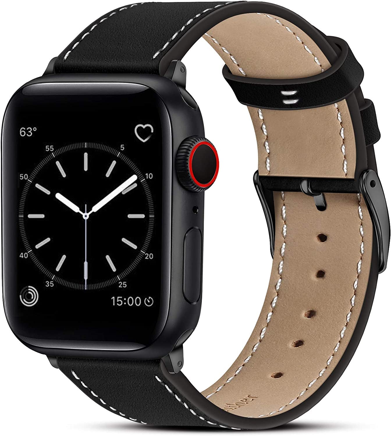 MARGE plus Compatible with Apple Watch Band Series SE 8 7 6 5 4 3 2 1 Ultra 49Mm 45Mm 41Mm 44Mm 40Mm 42Mm 38Mm, Genuine Leather Replacement Band for Iwatch, Leather Apple Watch Strap for Women & Men Ebony/Silver  MARGE PLUS Black/Black 42mm/44mm/45mm/49mm 