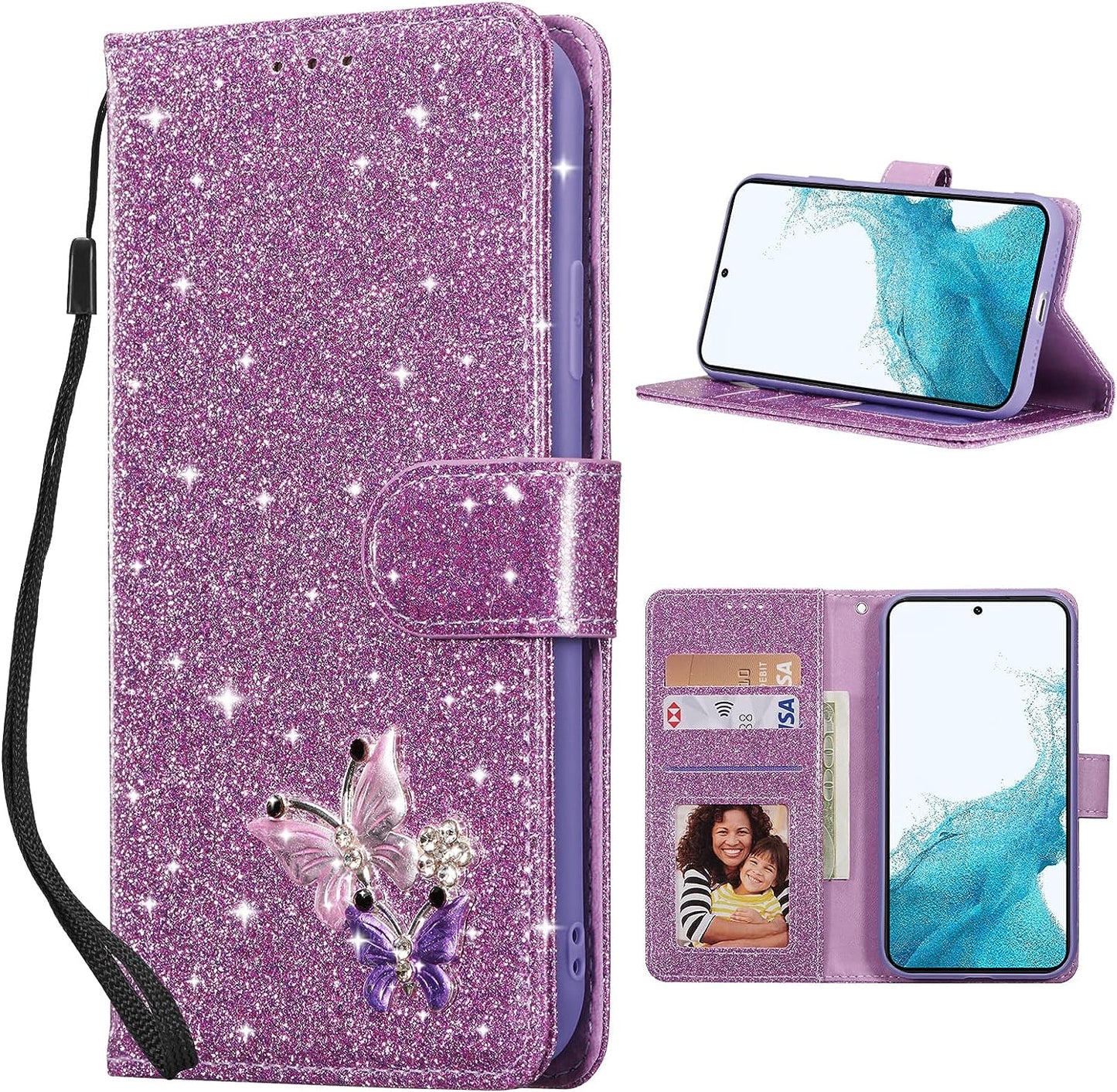 UEEBAI Wallet Case for Samsung Galaxy A53 5G, Premium Glitter PU Leather Phone Case Card Slots Kickstand Case Magnetic Closure Bling Handbag Case Shockproof Hand Strap Flip Cover - Glitter Purple  UEEBAI Glitter Purple Samsung Galaxy S22 5G 