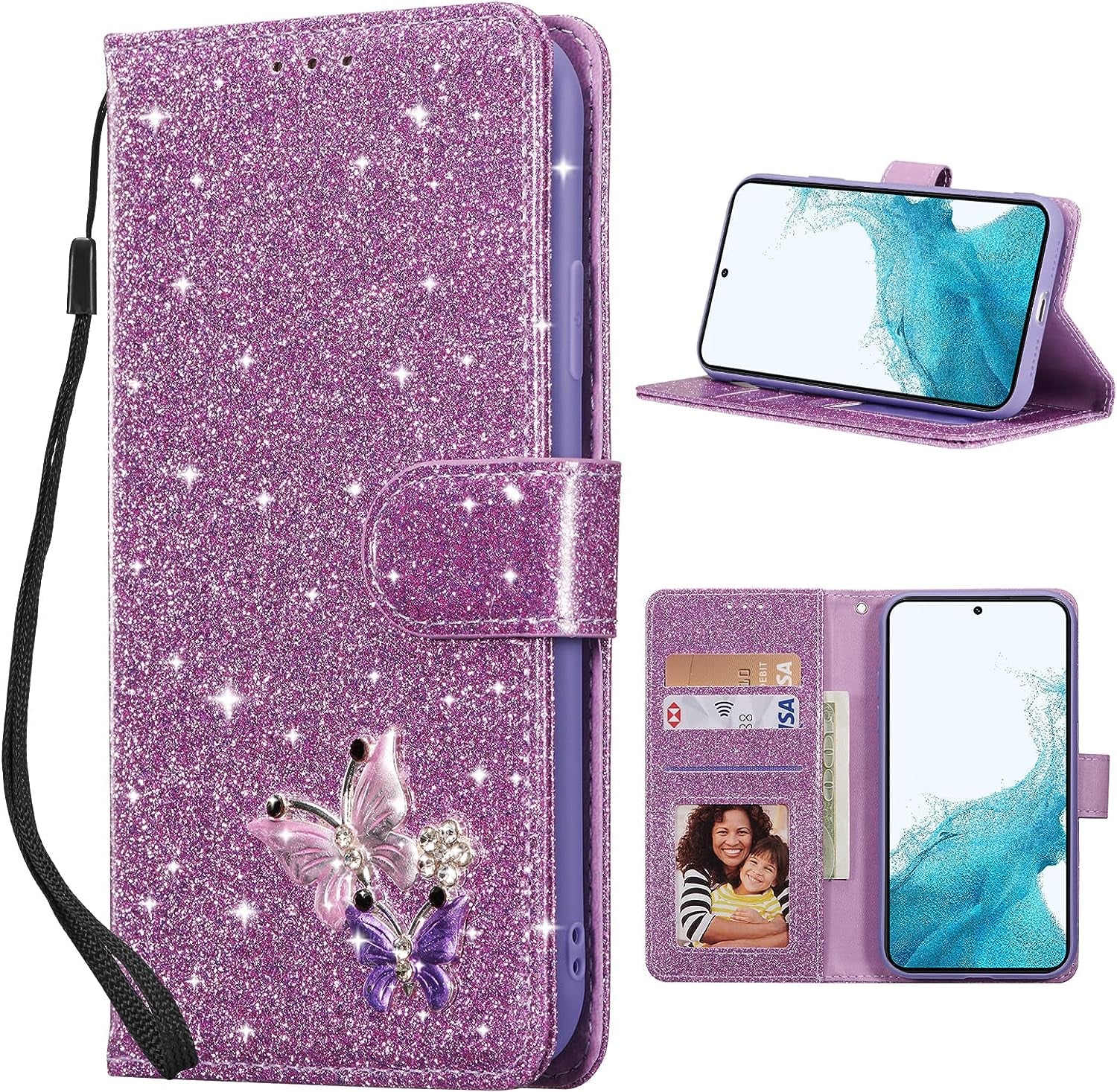 UEEBAI Wallet Case for Samsung Galaxy A53 5G, Premium Glitter PU Leather Phone Case Card Slots Kickstand Case Magnetic Closure Bling Handbag Case Shockproof Hand Strap Flip Cover - Glitter Purple  UEEBAI Glitter Purple Samsung Galaxy S22 5G 