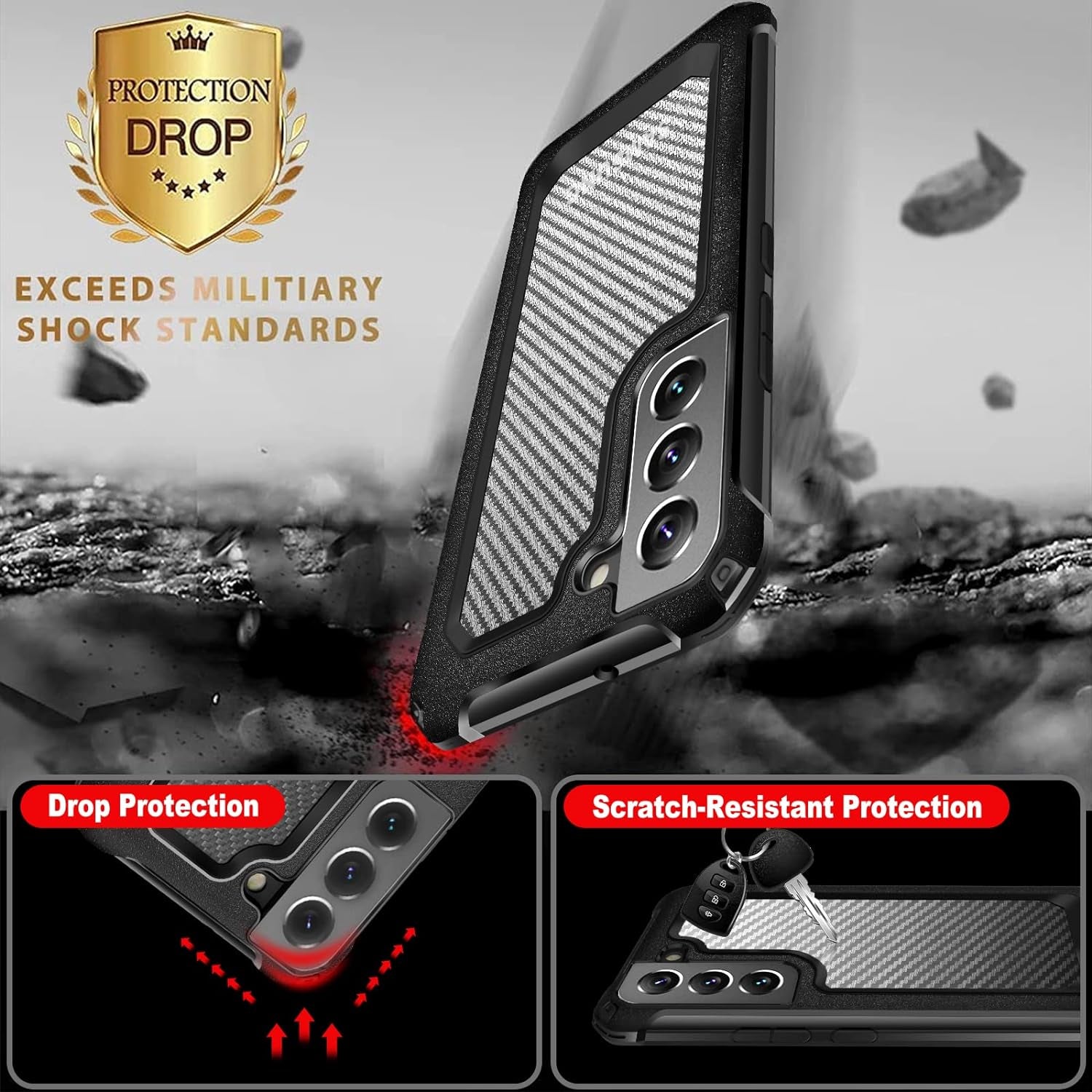 SUPBEC Galaxy S21 Case, Carbon Fiber Shockproof Protective Cover with Screen Protector [X2] [Military Grade Protection] [Scratch Resistant & Anti-Fingerprint], Samsung Galaxy S21 Case, 6.2", Black  SUPBEC   