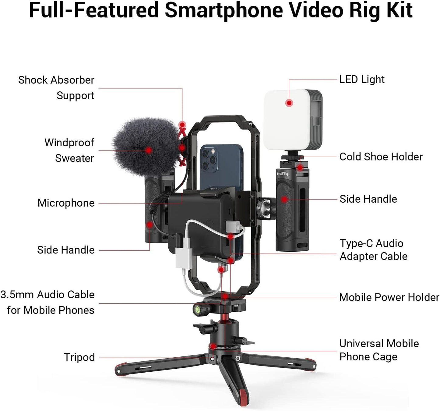 Smallrig Universal Phone Video Rig Kit for Iphone, Smartphone and Cameras, Phone Stabilizer Rig W/Tripod Microphone LED Light Side Handle Power Bank Holderm, for Vlogging & Live Streaming - 3384B  SmallRig   