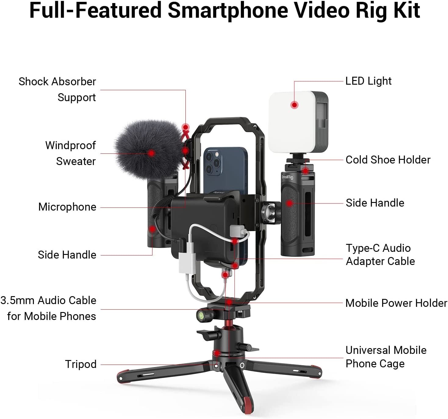 Smallrig Universal Phone Video Rig Kit for Iphone, Smartphone and Cameras, Phone Stabilizer Rig W/Tripod Microphone LED Light Side Handle Power Bank Holderm, for Vlogging & Live Streaming - 3384B  SmallRig   
