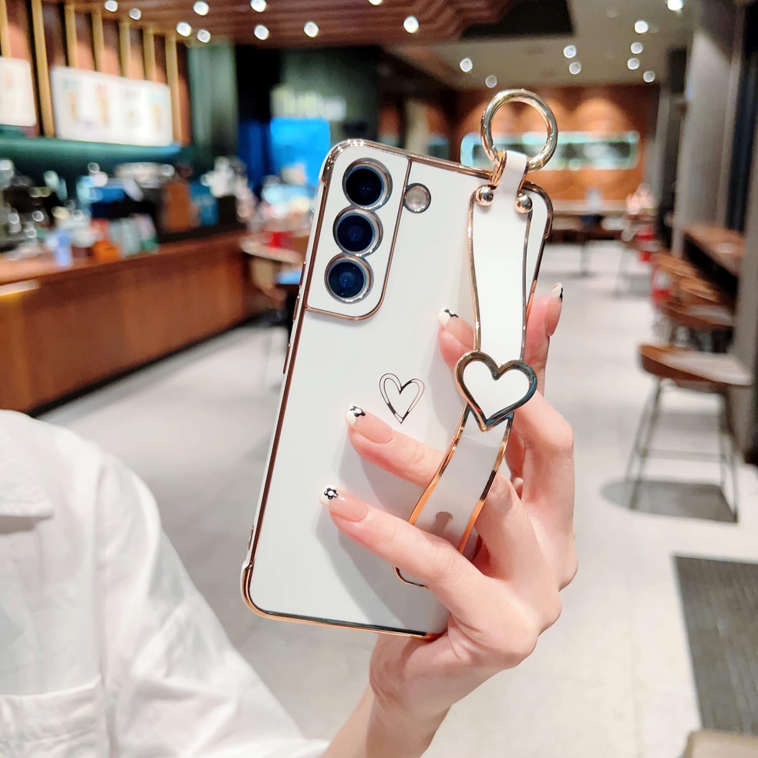 ZTOFERA Designed for Samsung Galaxy S21 plus 5G Case with Wristband,Plating Edge Love Hearts Pattern Hand Strap Finger Holder Kickstand Case,Soft Shockproof Cover for Girls Women,White  ZTOFERA   