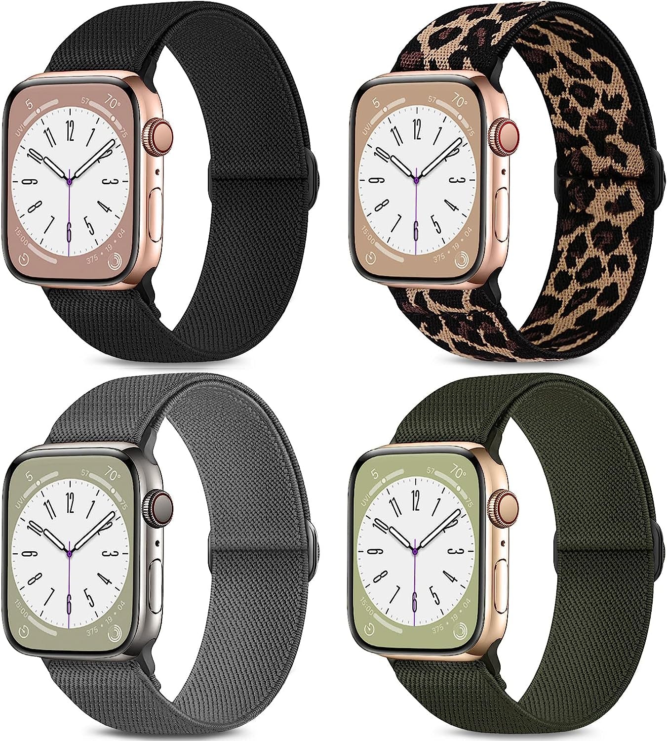 Stretchy Nylon Bands Compatible with Apple Watch Band 38Mm 40Mm 41Mm 42Mm 44Mm 45Mm 49Mm for Women Men, Elastic Solo Loop Adjustable Sport Braided Strap for Iwatch Series 8 7 SE 6 5 4 3 2 1,4 Packs  Sunnywoo Leopard/Army Green/Black/Gray 38/40/41mm 
