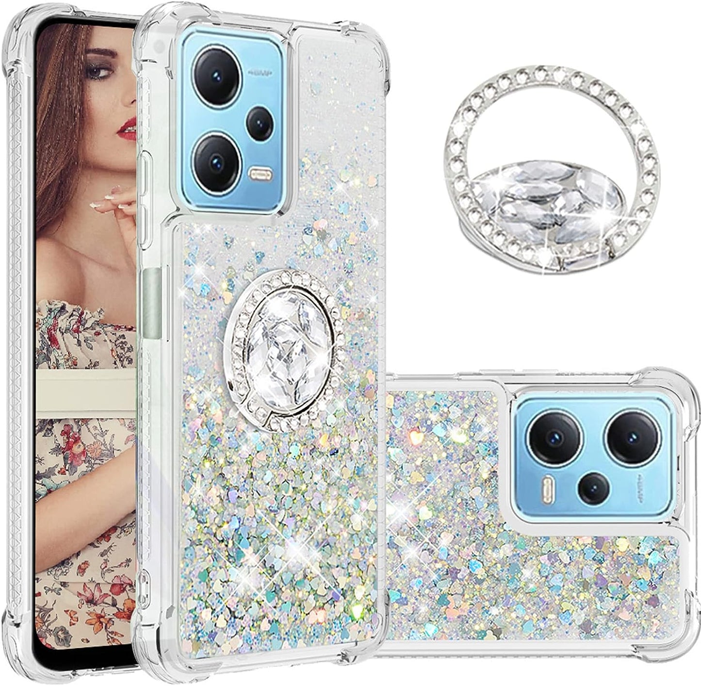 Ccsmall Glitter Clear Sparkly Bling Case for Xiaomi Redmi Note 12 4G, Flowing Liquid Quicksand Cover with Diamond Ring Holder Case for Xiaomi Redmi Note 12 4G LSZ Silver  CCSmall   