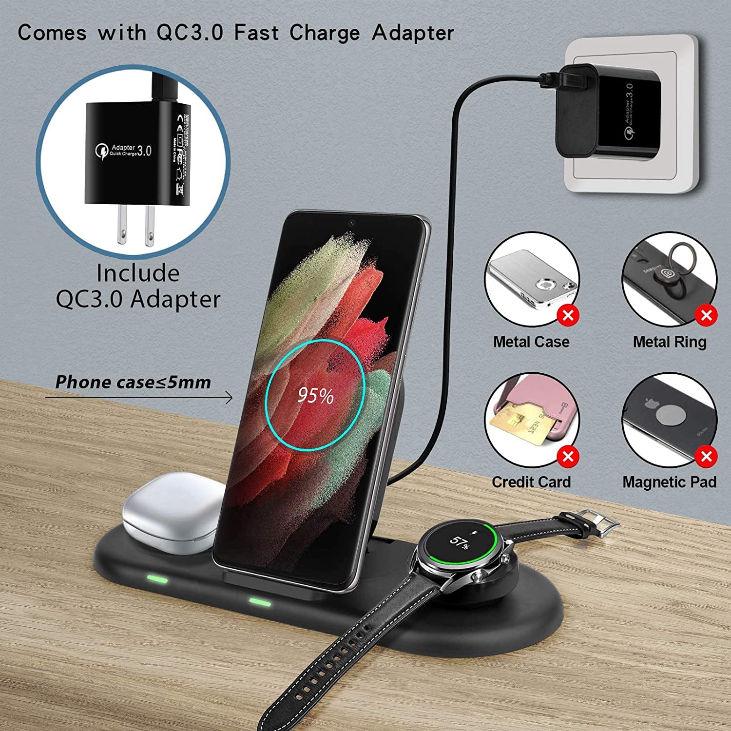 Wireless Charging Station 3 in 1, Fast Wireless Charger for Samsung Galaxy Watch 4, Active 2 Series and Galaxy Buds Series, Phone Charger Stand Dock Compatible with Samsung Galaxy S22 S20 Note(Black)  Shenzhen Xuanfeng Innovations Technology Co., Ltd.   
