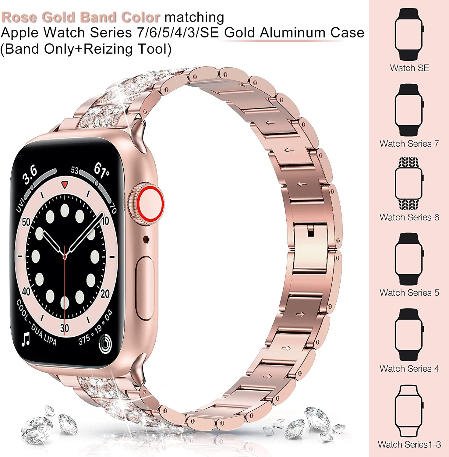 LELONG for Apple Watch Band 38Mm 40Mm 41Mm Series 8 Series 7 6 5 4 3 2 1 SE Ultra, Bling Replacement Bracelet Iwatch Band, Diamond Rhinestone Stainless Steel Metal Wristband Strap  LELONG   