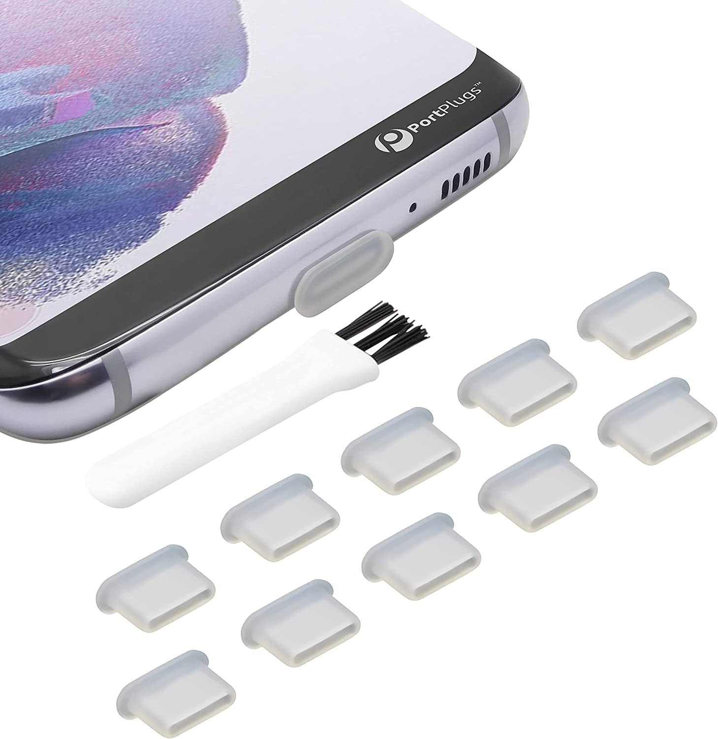 Portplugs USB C Dust Plugs (10-Pack) - Compatible with Samsung Galaxy S23/S22/S21/S20, Pixel, Type C Android Charge Ports, Macbook, Tear Resistant Silicone Plugs with Cleaning Brush (Black)  PortPlugs Clear, 10 Pack 10 Pack 