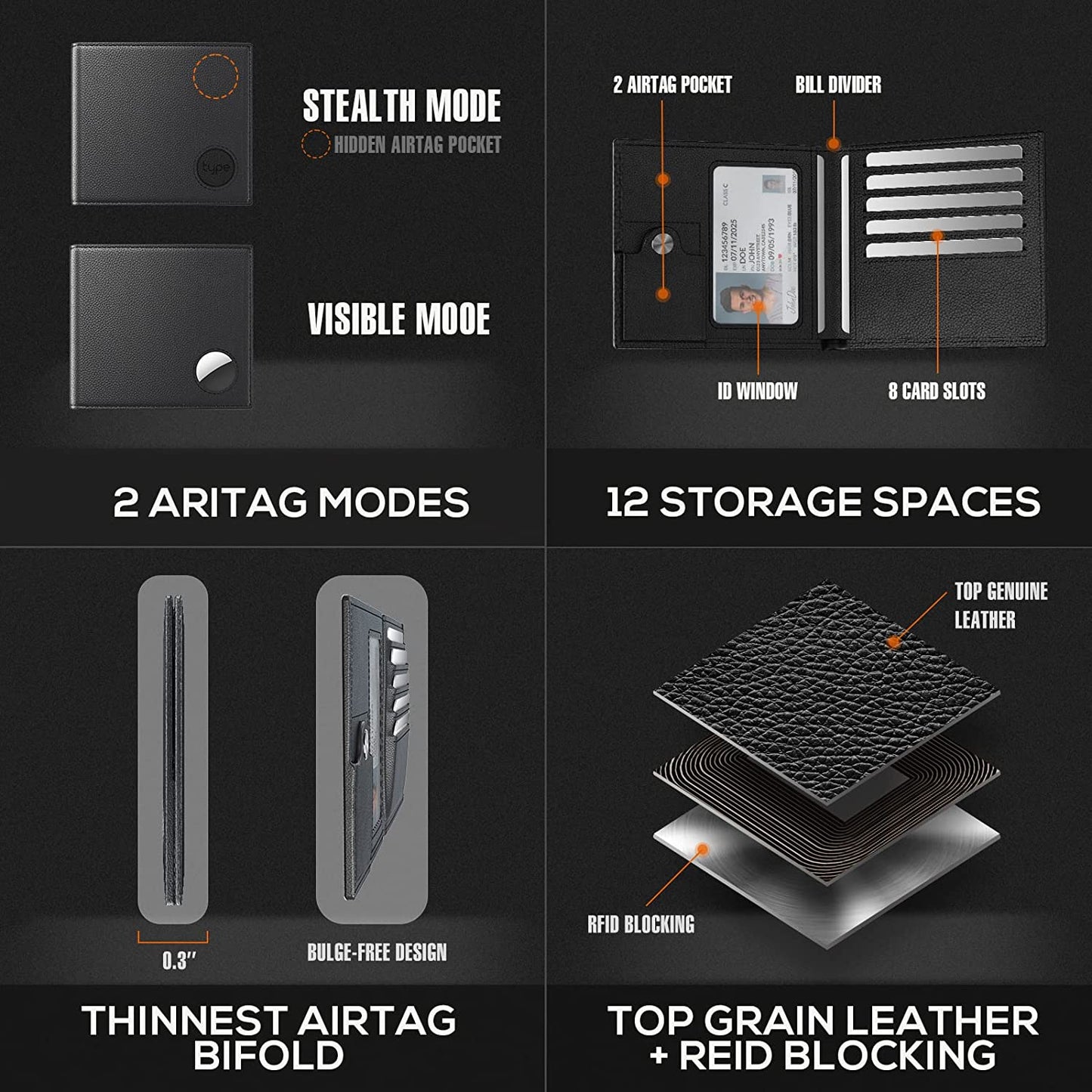 Men'S Leather Wallet with Stealth Pocket for Airtag | Top Grain Leather | Bifold | RFID Blocking | 8-16 Card Capacity | Bill Divider | ID Window | Hidden Pocket Compatible with Apple Air Tag (Black)  typecase   