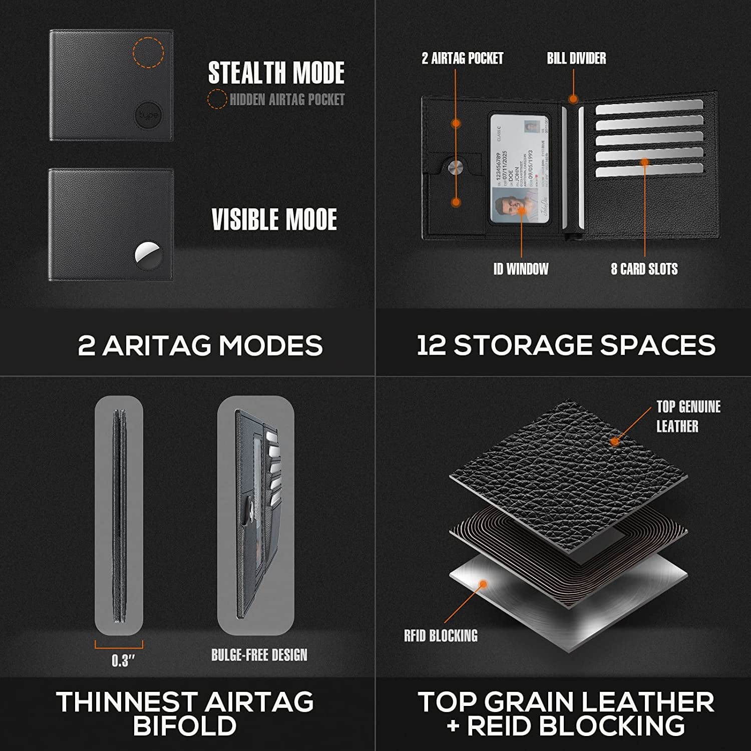 Men'S Leather Wallet with Stealth Pocket for Airtag | Top Grain Leather | Bifold | RFID Blocking | 8-16 Card Capacity | Bill Divider | ID Window | Hidden Pocket Compatible with Apple Air Tag (Black)  typecase   