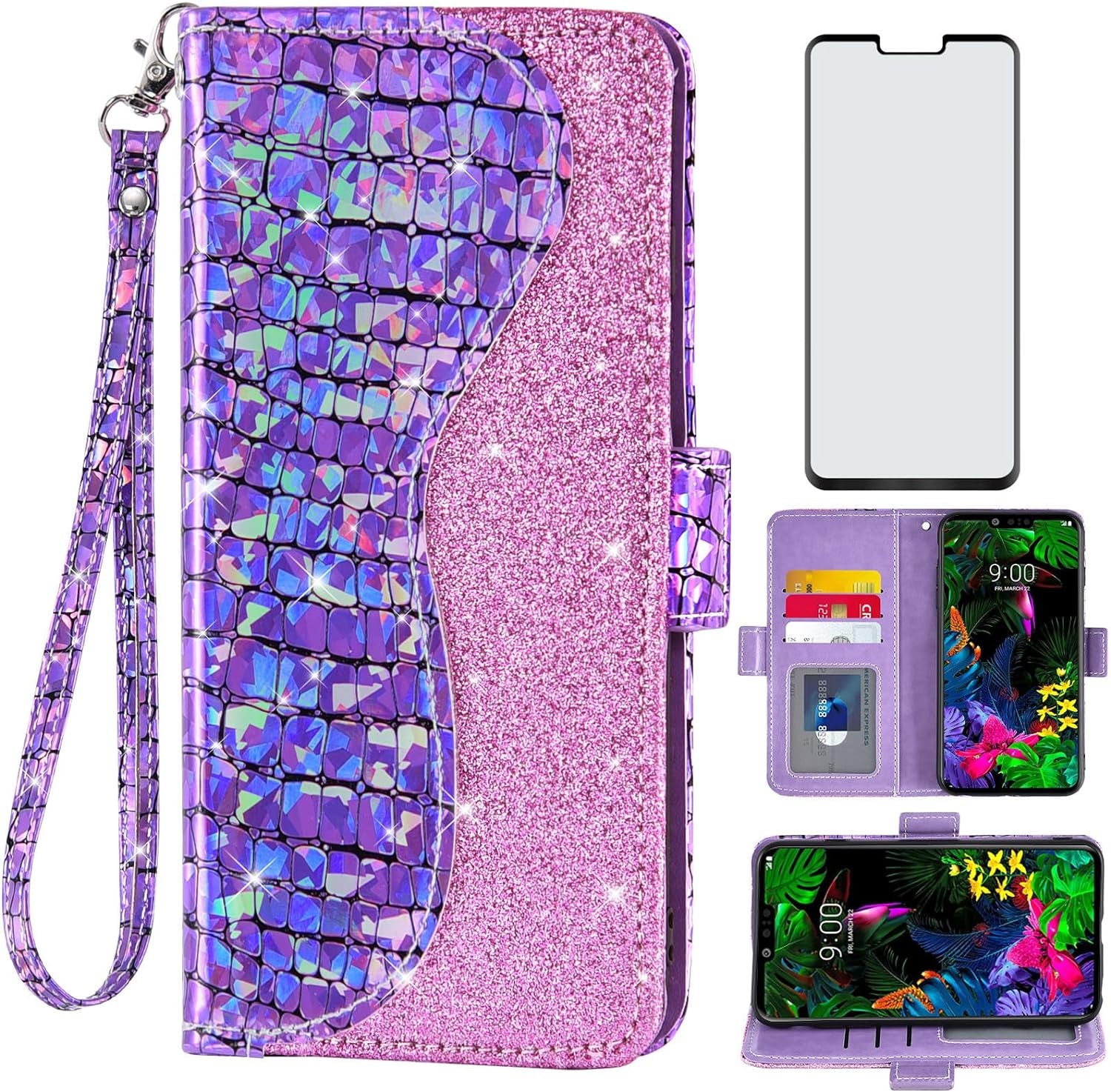 Asuwish Phone Case for LG G8 Thinq Wallet Cover with Screen Protector and Wrist Strap Flip Credit Card Holder Bling Glitter Stand Cell LGG8 Thin Q G 8 LG8 G8Thinq Lgg8Thinq 8G Women Girls Silver  Asuwish Purple For Lg G8 Thinq / G8 