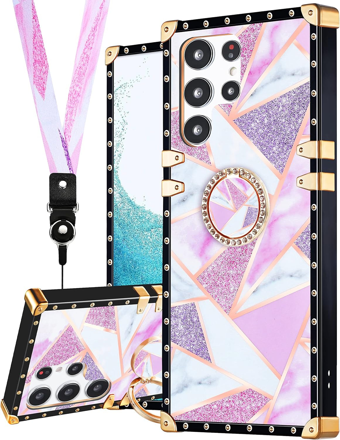 Loheckle for Samsung Galaxy S22 Ultra Case for Women Girls with Ring Stand Holder and Lanyard, Marble Camo Retro Luxury Glamour Cute Square Edges Phone Cover for S22 Ultra  JianKeJi   