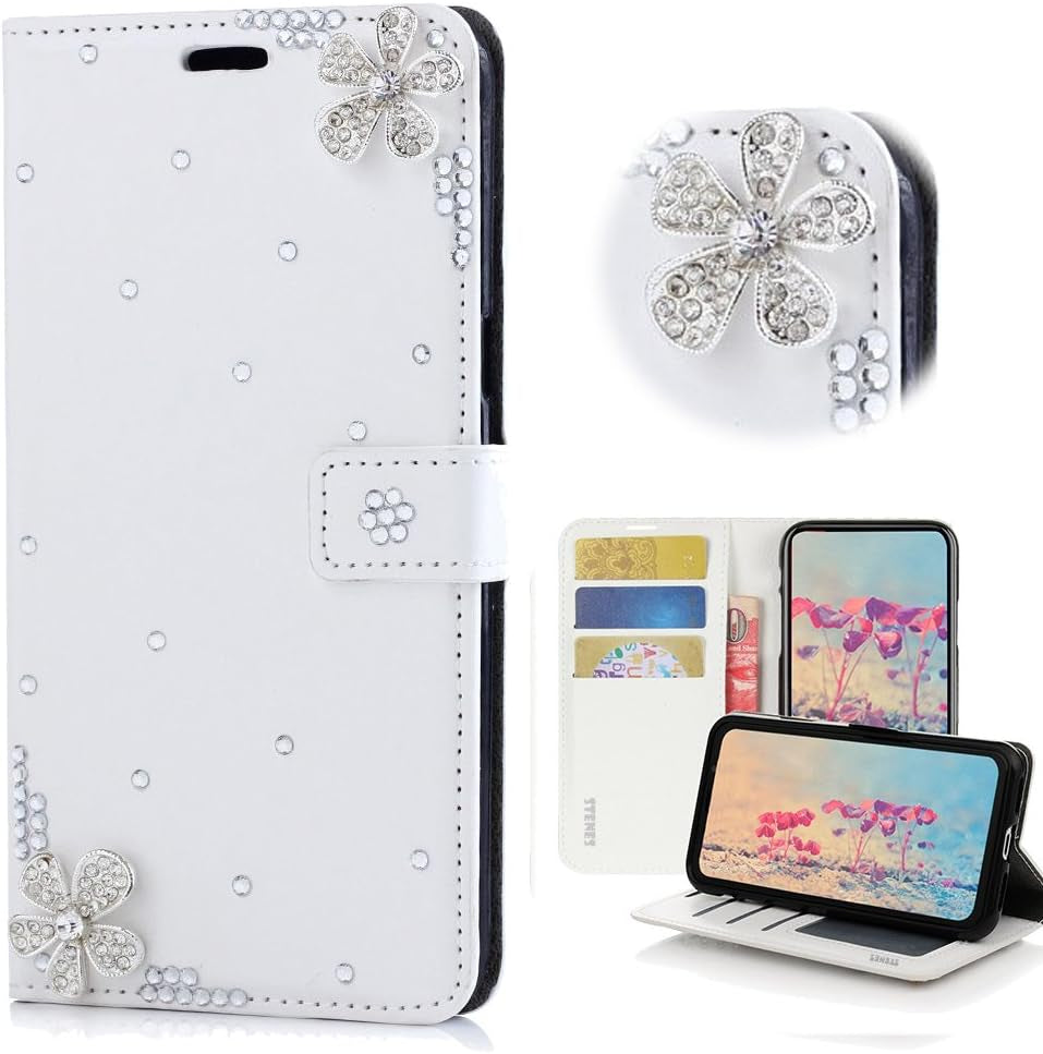 STENES LG G6 Case, LG G6 plus Case - STYLISH - 3D Handmade Bling Crystal Rose Heart Pendant Flowers Wallet Credit Card Slots Fold Stand Leather Cover Case for LG G6/LG G6 plus - White  STENES Flowers / White  