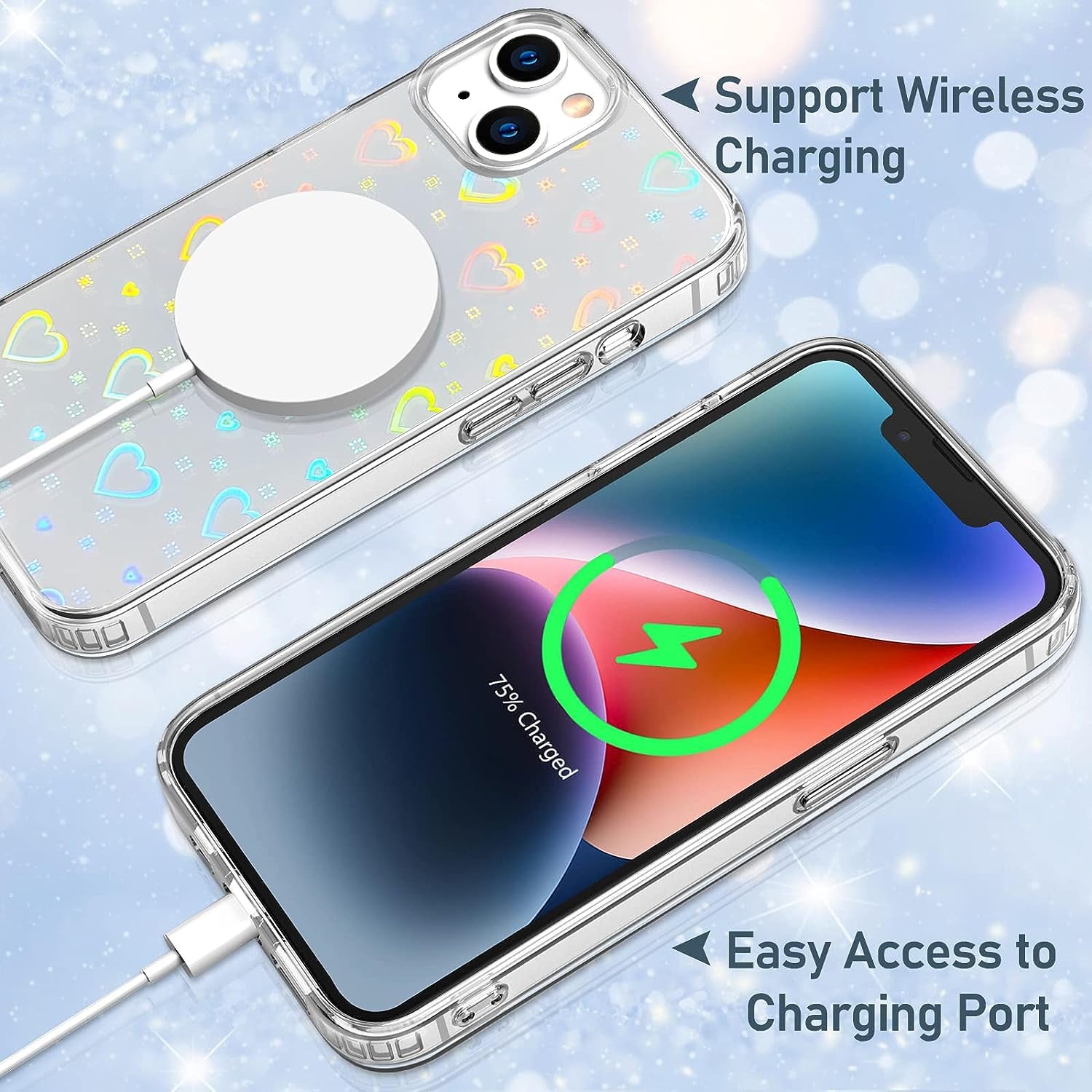 LOEV Compatible with Iphone 14 plus 6.7 Inch Clear Holographic Heart Phone Case, Laser Rainbow Love Heart Cute Pattern Design Phone Case Protective Shockproof Hard PC & Soft TPU Cover for Women Girl  LOEV   