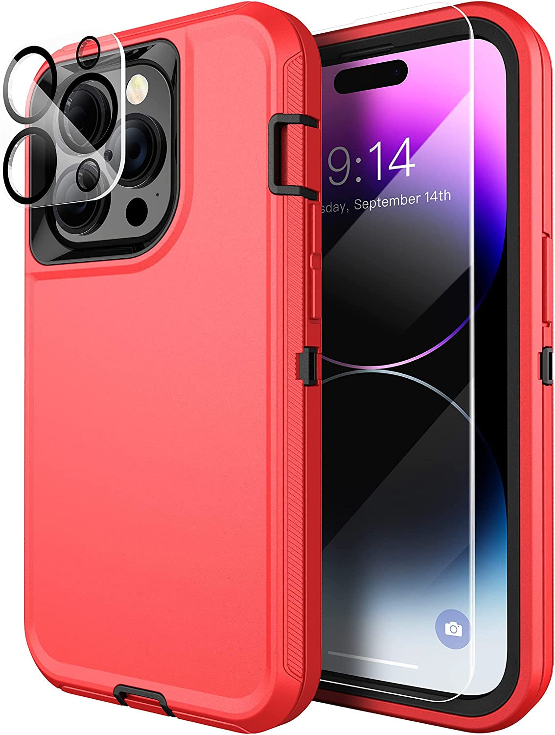 MXX Iphone 14 Pro Heavy Duty Case, 3-Layer Full Body Protection, Tempered Glass and Camera Lens Protector (Plum/Light Pink)  MXx Accessories LLC Red/Black  