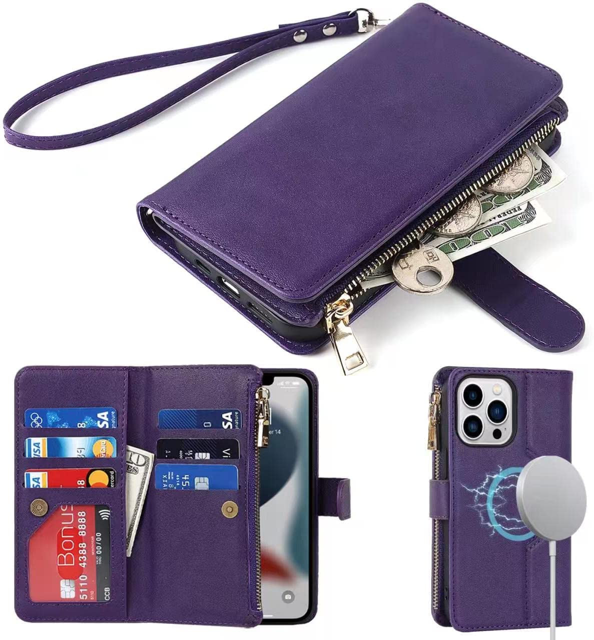 Ｈａｖａｙａ Iphone 13 Pro Max Case Wallet Magsafe Compatible,Iphone 13 Pro Max Phone Case with Card Holder,Flip Magnetic Zipper Magnetica Wallet Cover for Women Men -Wine Red  Ｈａｖａｙａ Purple iPhone 13 pro 