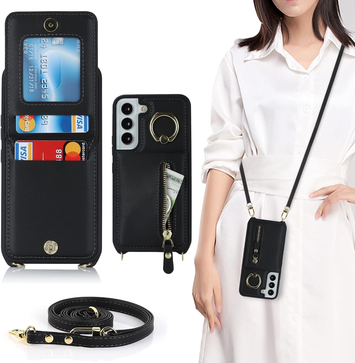 Jaorty Samsung Galaxy S22 5G Phone Case for Women with Card Holder,Samsung S22 Case Wallet Crossbody Lanyard with Strap,Credit Card Slots Kickstand Case with Ring Holder,6.1 Inch,Black  Jaorty   