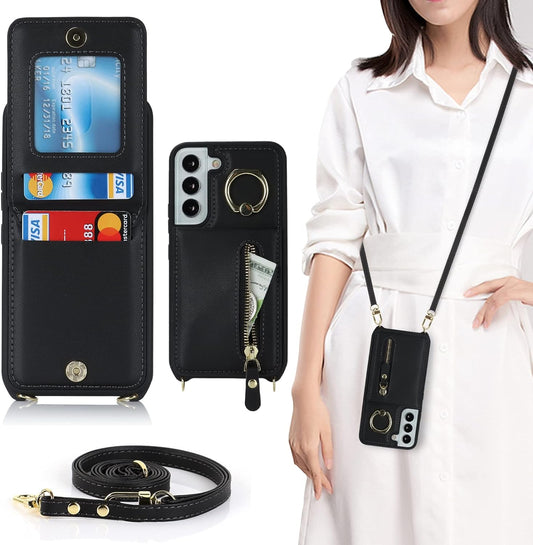 Jaorty Samsung Galaxy S22 5G Phone Case for Women with Card Holder,Samsung S22 Case Wallet Crossbody Lanyard with Strap,Credit Card Slots Kickstand Case with Ring Holder,6.1 Inch,Black  Jaorty   