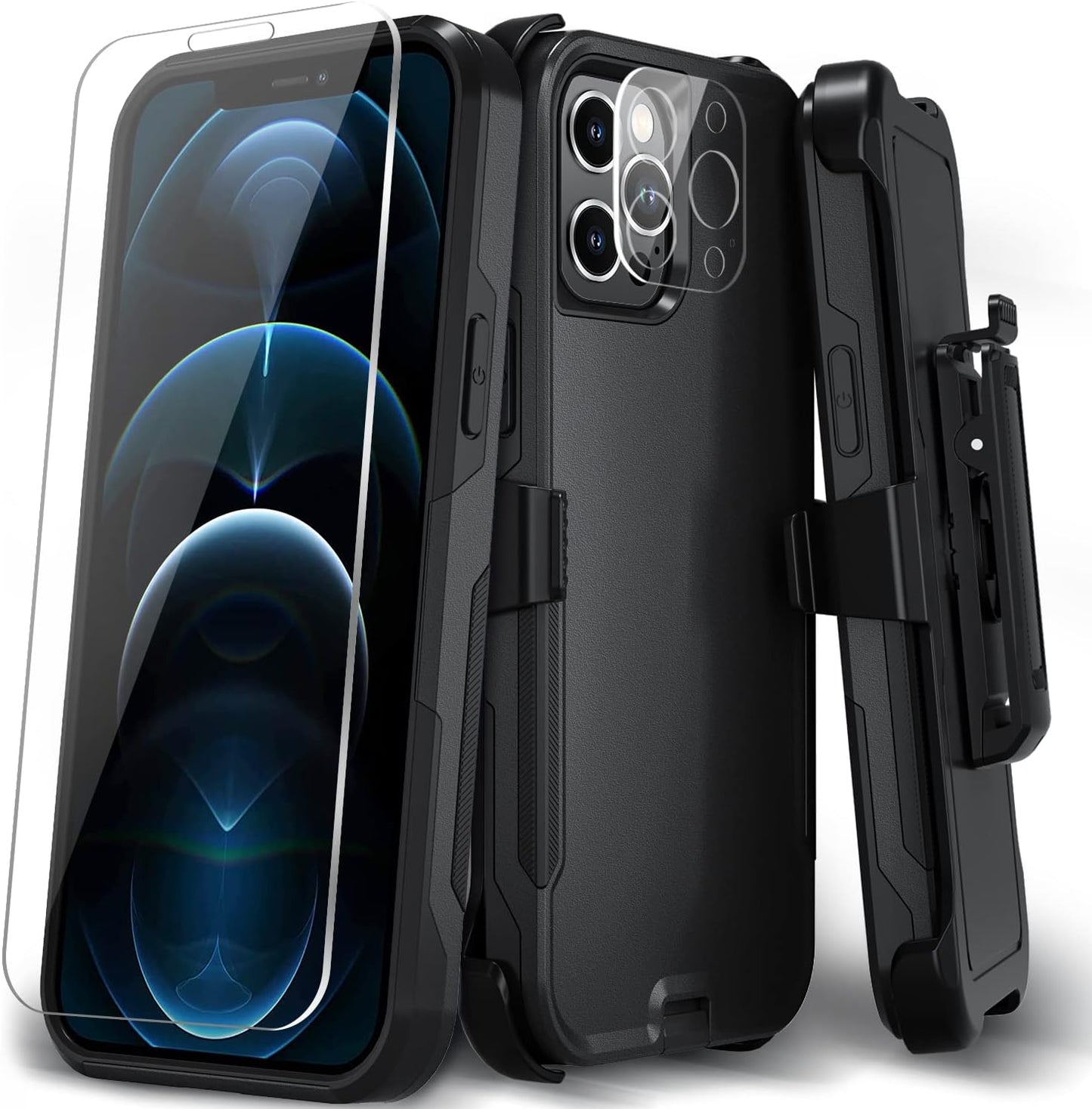 Xmon for Iphone 12 Pro Max Phone Case, [Shockproof] [Belt Clip Kickstand] [Tempered Glass Screen Protector with Camera Lens Protector] Heavy Duty Cover for Iphone 12 Pro Max 6.7 Inch (Blue)  Xmon Black  