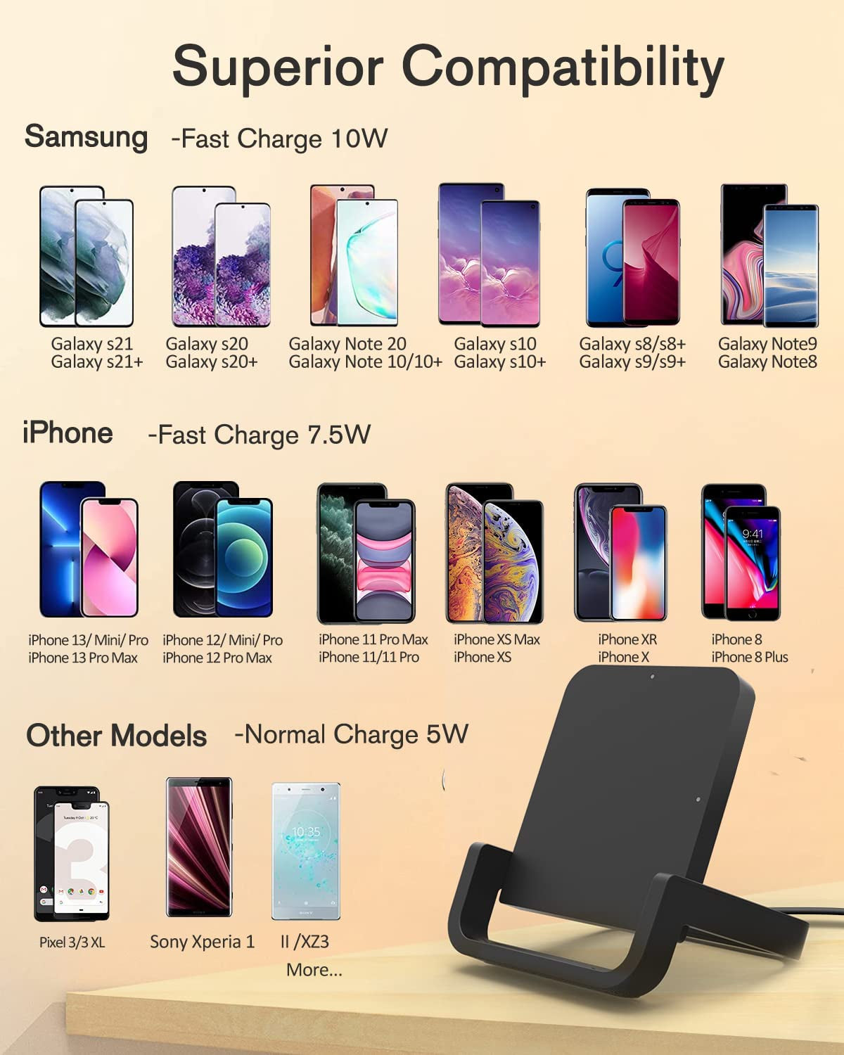 Wireless Charger, BUBEYYIE Fast 10W Charging Stand Compatible with Iphone 14 13 12 11 Pro XR XS X 8 plus Samsung Galaxy S22 S22 S20 S10 Note 20 10 Google LG and Other Cell Phones (Black)  BUBEYYIE   