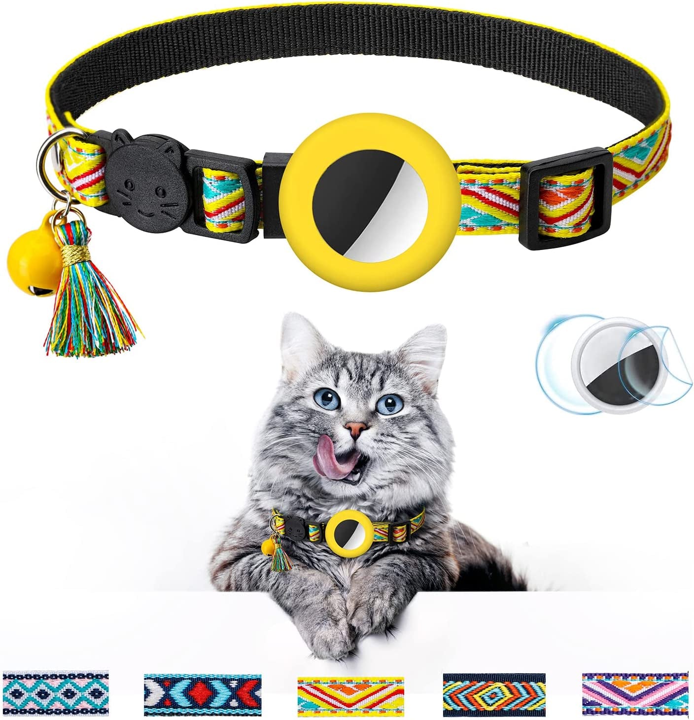 Airtag Cat Collar with Bell Adjustable Breakaway Kitten Collars:- Safety Buckle and Silicone Air Tag Holder Case Compatible with Apple Airtag Geometric Pattern Pet Collar (Pink)  OEBEESA yellow  