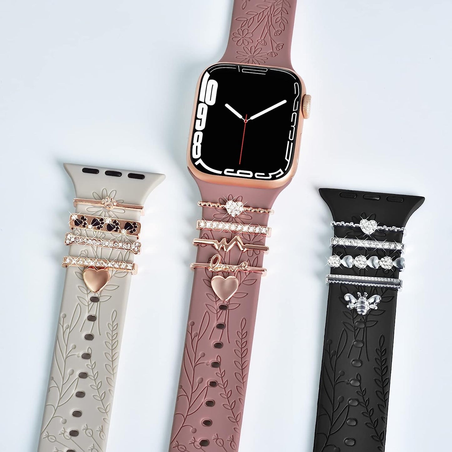 Watch Band Charms (Band Included), Compatible with Apple Watch Band 38Mm 40Mm 41Mm, ORATYFAN Floral Engraved Silicone Bands & Metal Decorative Ring Loops Accessories for Iwatch Series Se 8 7 6 5 4 3 2 1  ORATYFAN   