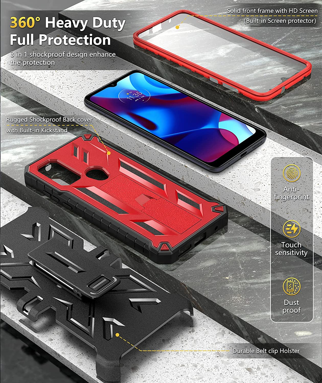 WTYOO for Motorola Moto G Pure Phone Case, Moto G Power 2022/ G Play 2023 Case: with Belt-Clip Holster & Built-In Screen Protector & Kickstand, Full-Body Dual Layer Rugged Protective Phone Cover-Red  Motorola Moto G-Pure-RD   