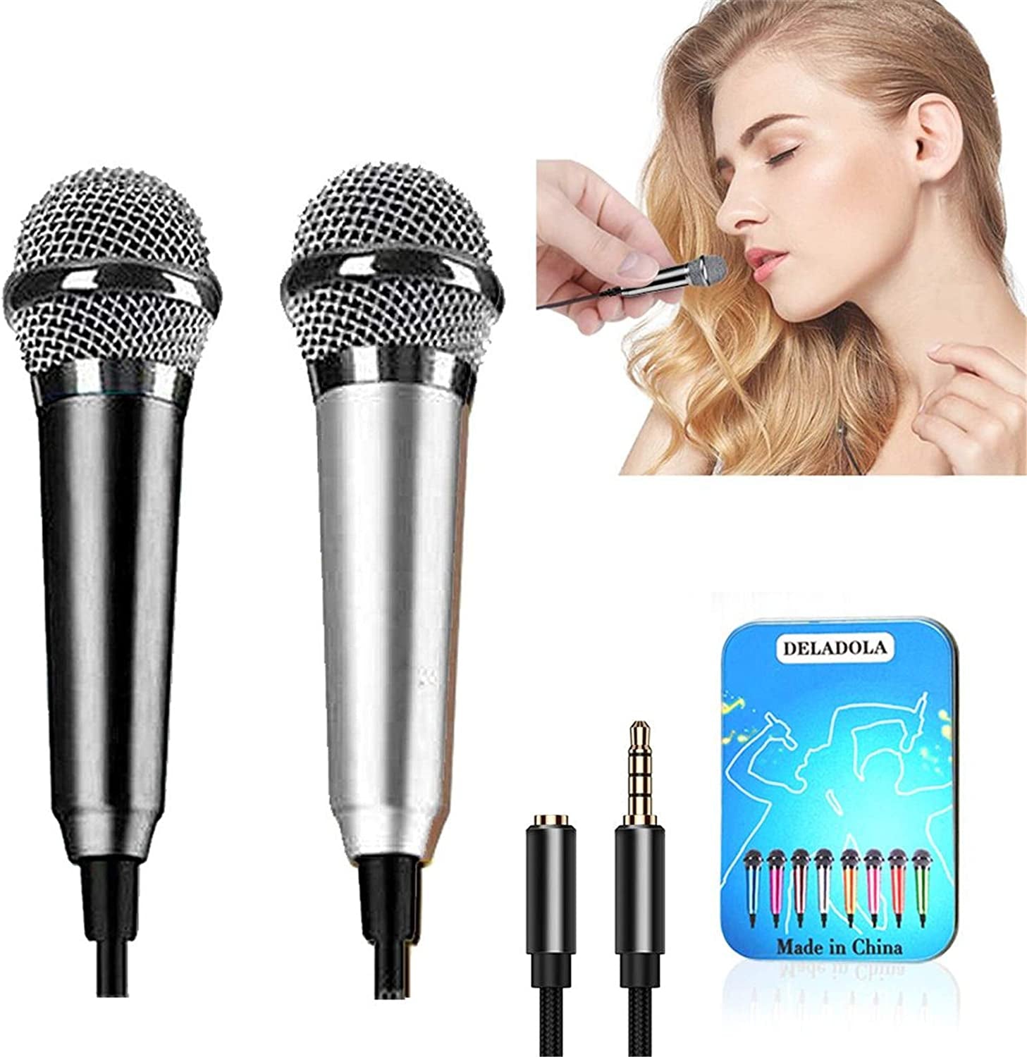 Mini Microphone,Portable Vocal Tiny Microphone, Asmr Microphone,Phone Microphone, Mini Karaoke Microphone for Voice Recording Chatting and Singing on Iphone,Android,Laptop Notebook（Silver）  DELADOLA Black+silver  