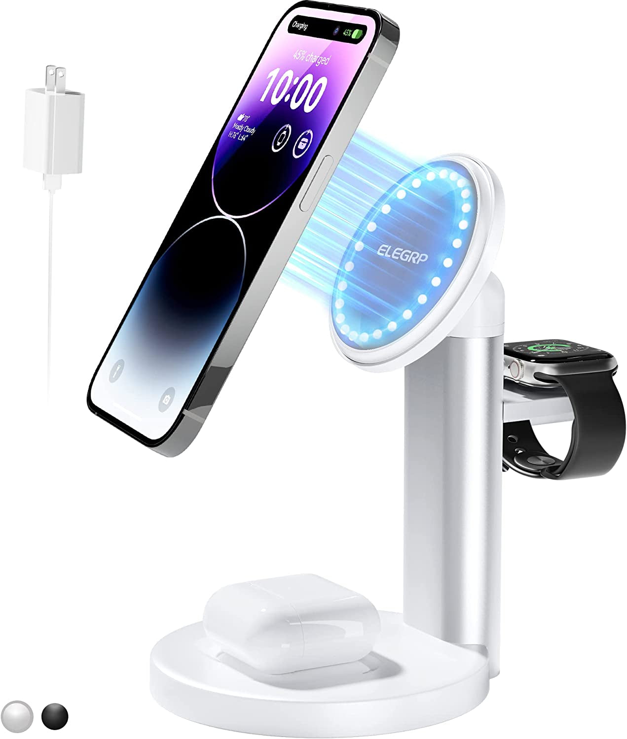 ELEGRP Magnetic Wireless Charger Station, Magesafe Charger 3 in 1 with 18W Adapter, for Iphone 14 (Plus/Pro/Pro Max), Iphone 13/12 (Mini/Pro/Pro Max), Iwatch, Airpods/Samsung Earbuds (White)  ELEGRP   