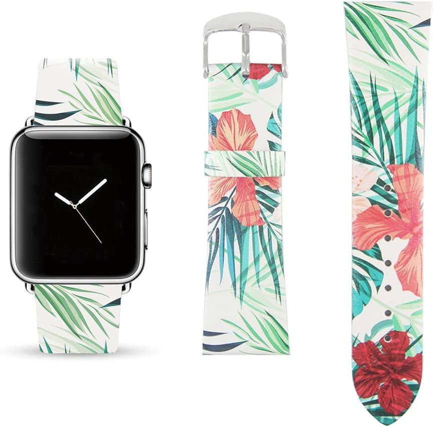 White Marble Replacement Band Compatible for Iwatch 42Mm/44Mm Pastel Bay Wrist Band PU Leather Strap Compatible for Apple Watch Smartwatch Series 8 7 6 5 4 3 2 1 SE Version  Pastel Bay Tropical Floral 38mm/40mm 