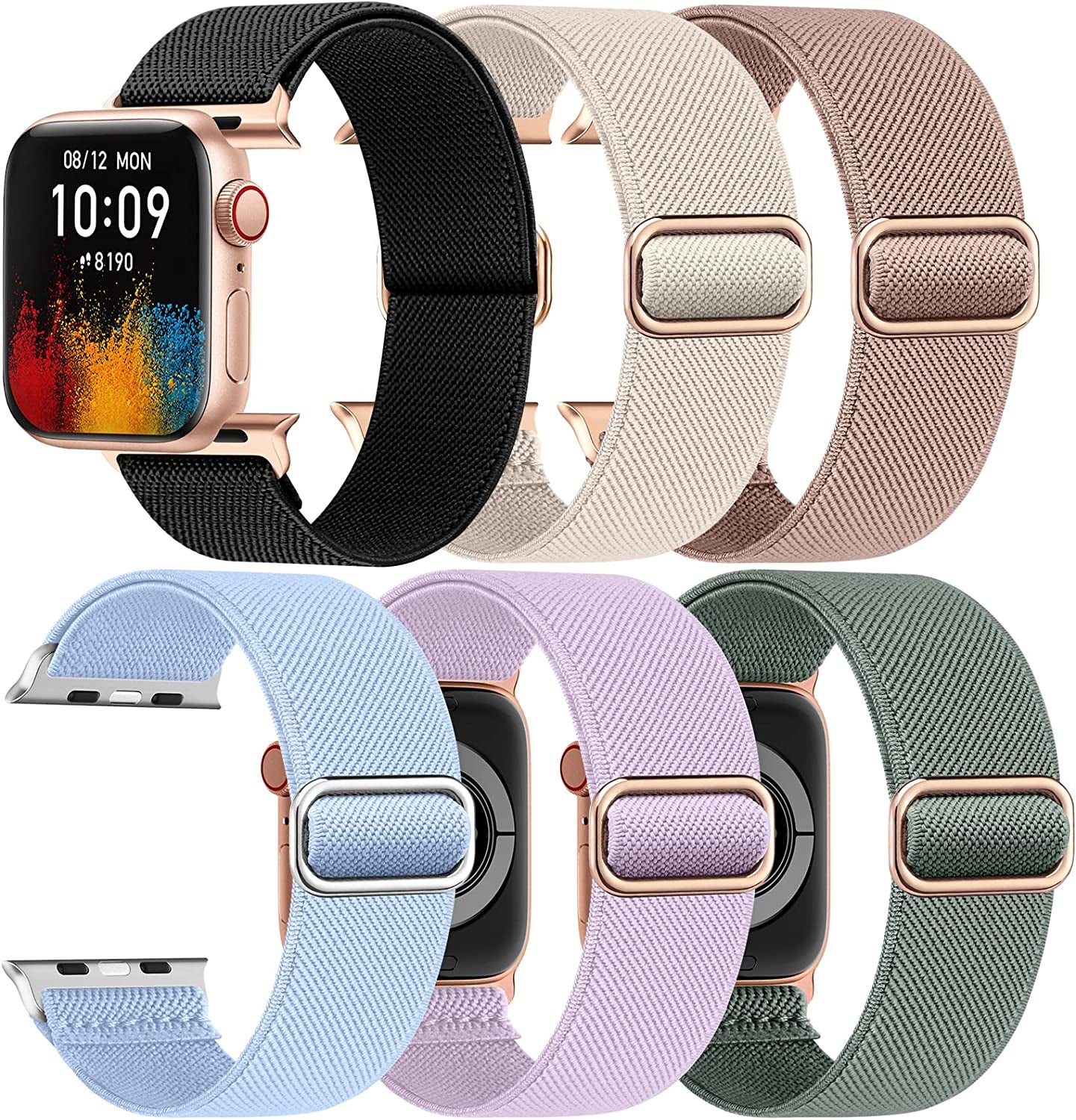 Ifuntec 6 Pack Stretchy Nylon Bands-Metal Connector-Compatible with Apple Watch Band 38Mm 40Mm 41Mm 42Mm 44Mm 45Mm 49Mm Women Men, Elastic Braided Strap for Iwatch Series Ultra 8/7/6/SE/5/4/3/2/1  iFuntec RGBlack/Starlight/Pink Sand/Breeze/Light Purple/Pine Green 42/44/45/49mm 