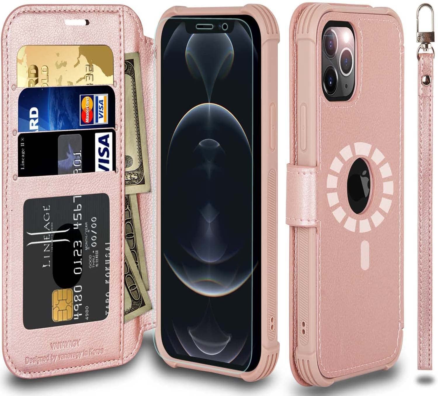 VANAVAGY Iphone 13 Pro Wallet Case Magsafe,Leather Flip Folio Phone Cover Supports Magsafe and Wireless Charging with RFID Block Card Holder and Wrist Strap,Rosegold  VANAVAGY   