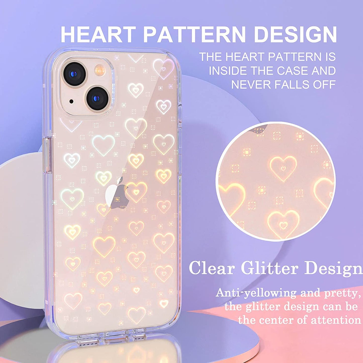 Tksafy Case Compatible Iphone 14 Case, Clear Glitter Cute Laser Holographic Love Heart Pattern for Women Girls, Anti-Yellow Hard PC Protective Phone Cover for Iphone 14 6.1-Inch 2022, Rainbow Heart  Tksafy   